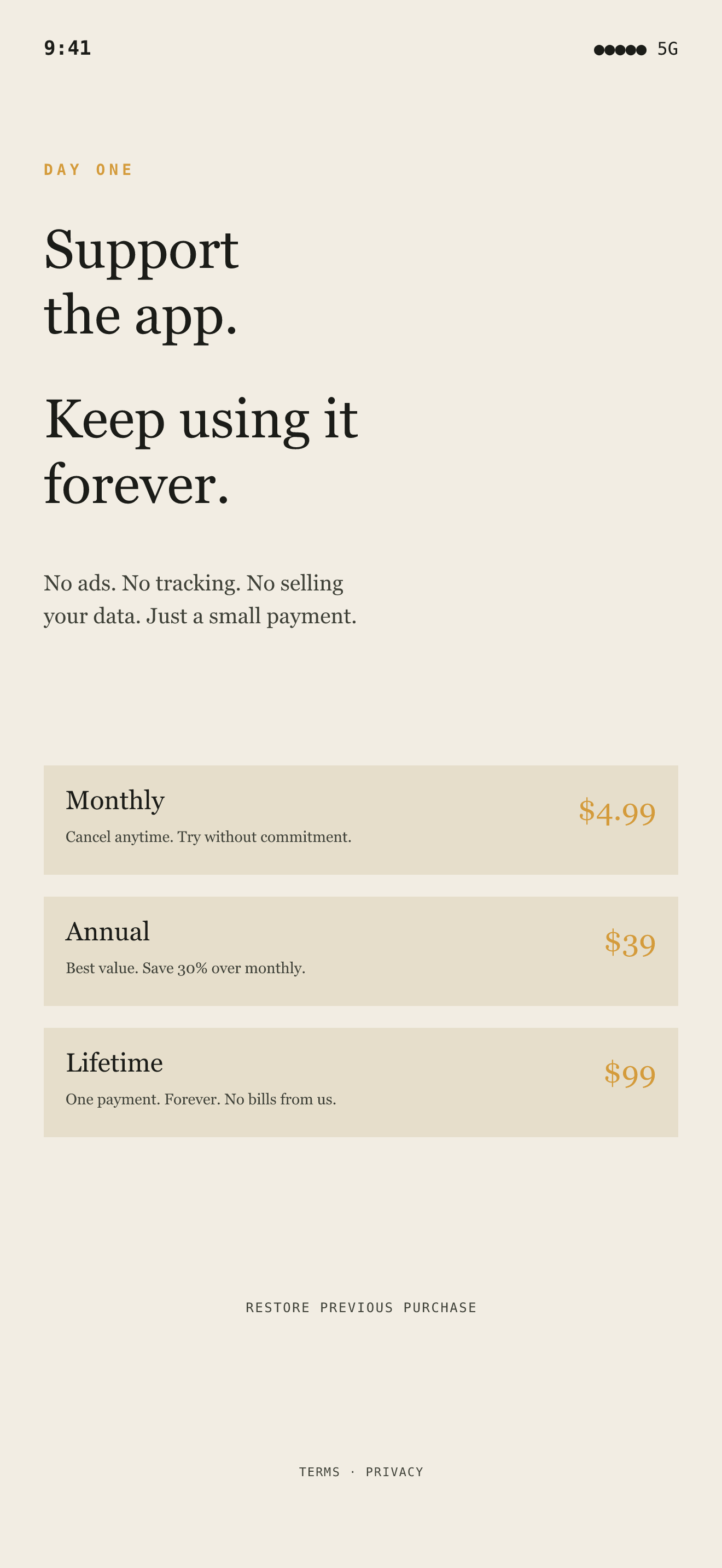 The Day One unlock screen showing the one-time purchase